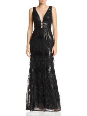 Black Sequin Plunge Maxi Dress with Feathered Skirt